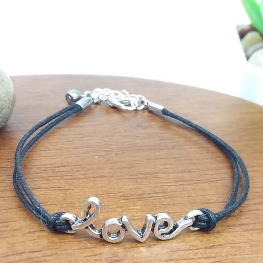 Cursive "love" Black Cord Bracelet